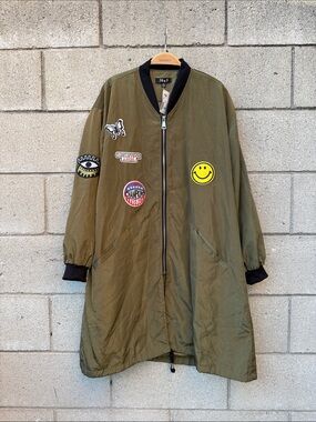 Olive Green Patchwork Bomber Jacket with Smiley Patch